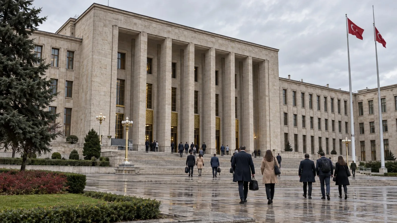 People enter Türkiye’s parliament building in Ankara under overcast skies. (AI-generated image / EconoTimes)