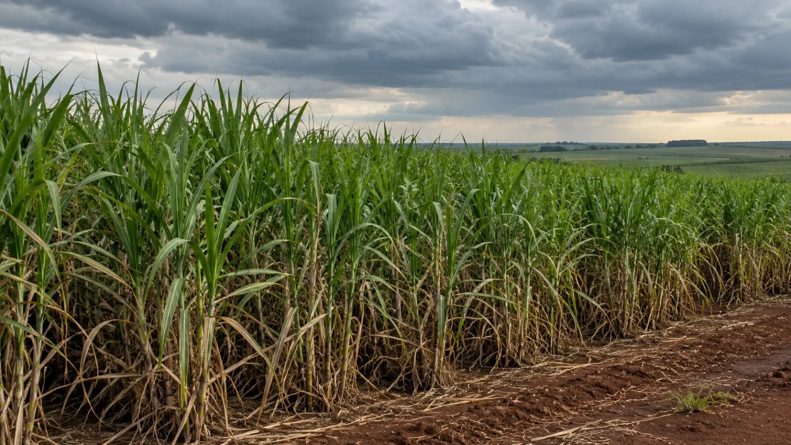 Sugarcane grows in fields near Ribeirão Preto, São Paulo state, beneath a cloudy sky (AI-generated image / EconoTimes)