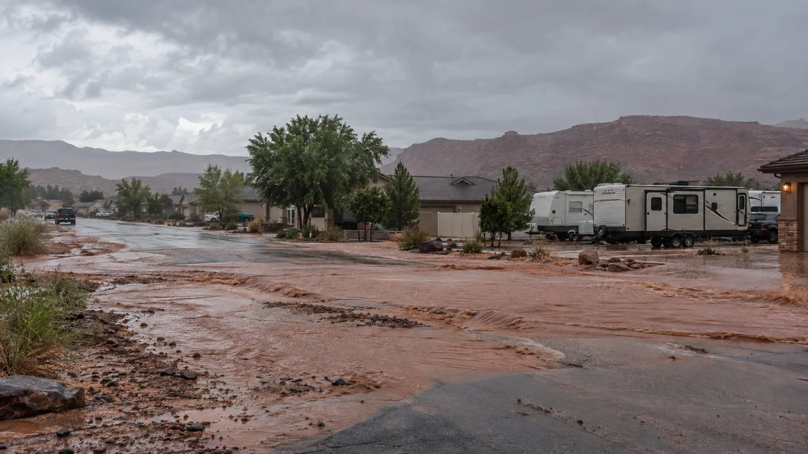 Reddish floodwater crosses a residential road in Hurricane, Utah, as homes sit nearby. (AI-generated image / EconoTimes)