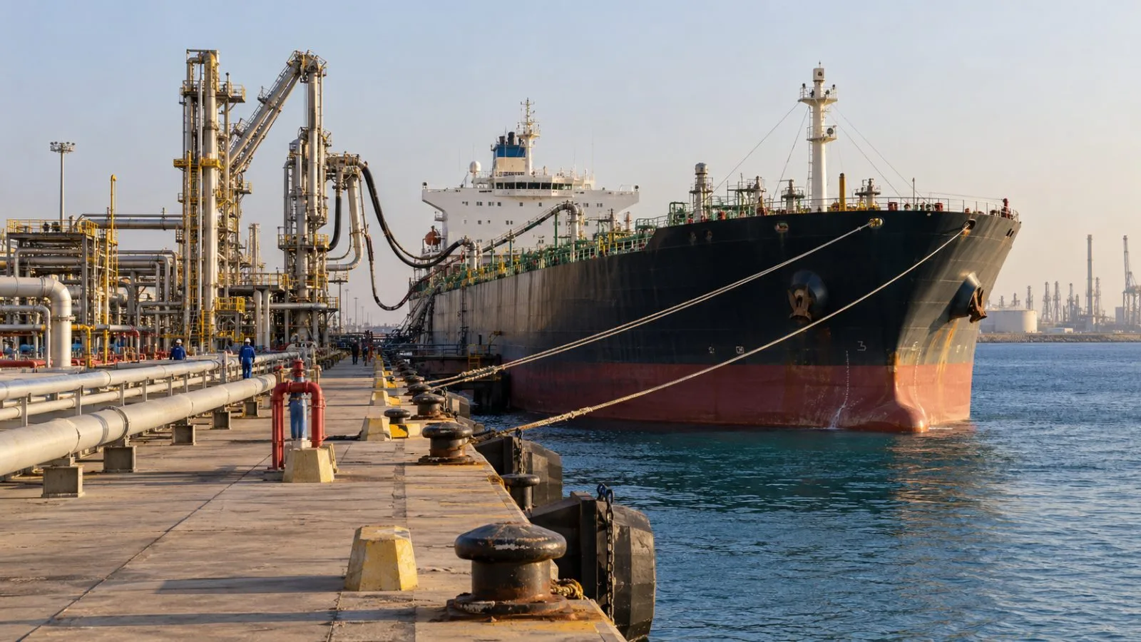 A fuel tanker waits beside the loading quay at Yanbu Industrial Port, Saudi Arabia (AI-generated image / EconoTimes)