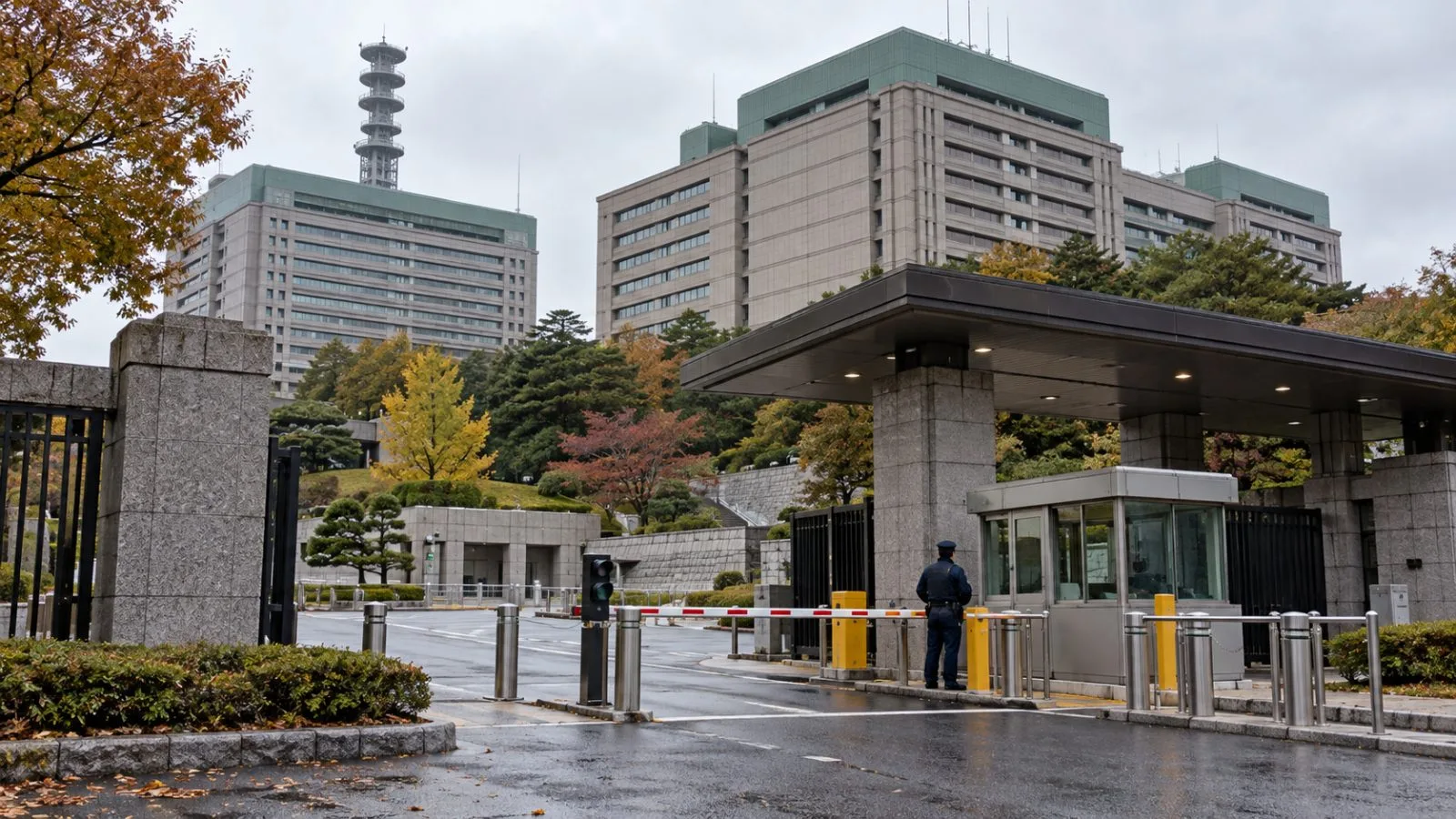 A security checkpoint stands outside Japan’s Ministry of Defense complex in Ichigaya, Tokyo. / EconoTimes.ai
