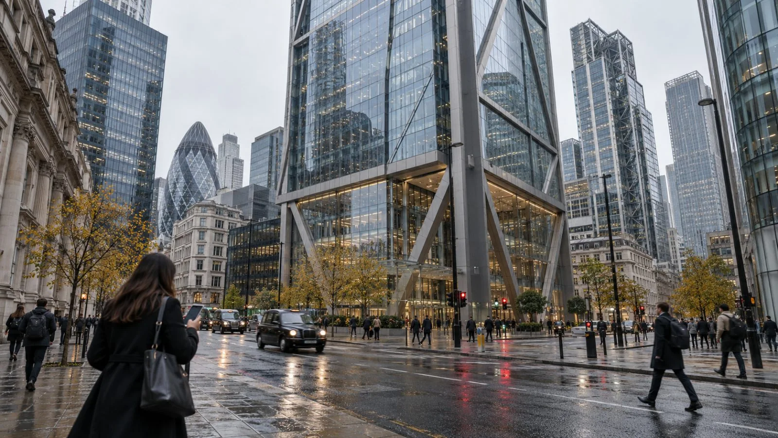 Pedestrians pass the glass office tower at 201 Bishopsgate in London (AI-generated image / EconoTimes)