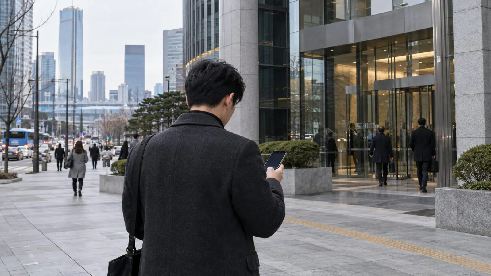 An investor checks a smartphone outside brokerage offices in Seoul's Yeouido financial district. (AI-generated image / EconoTimes)