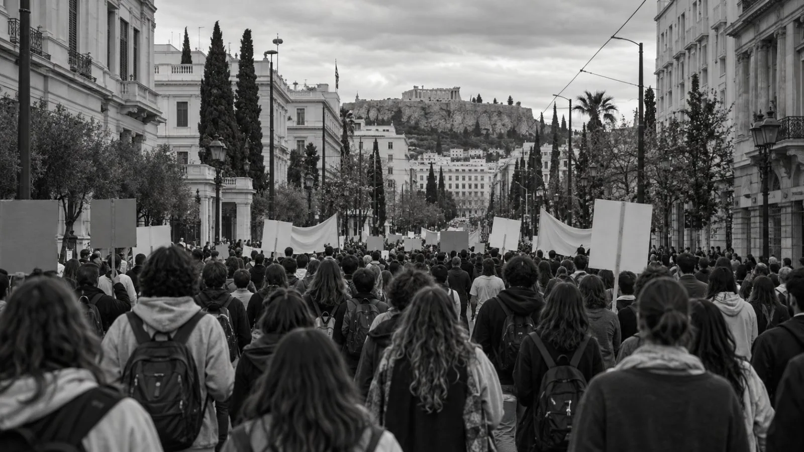 Demonstrators march through central Athens during a student and teacher protest. (AI-generated image / EconoTimes)
