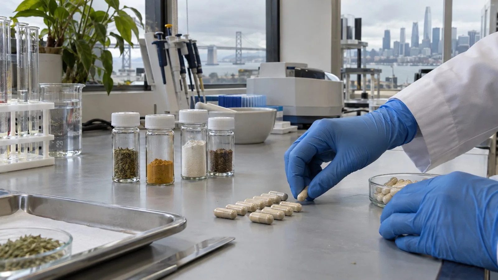 Supplement capsules and ingredient vials sit on a laboratory bench in San Francisco, California (AI-generated image / EconoTimes)