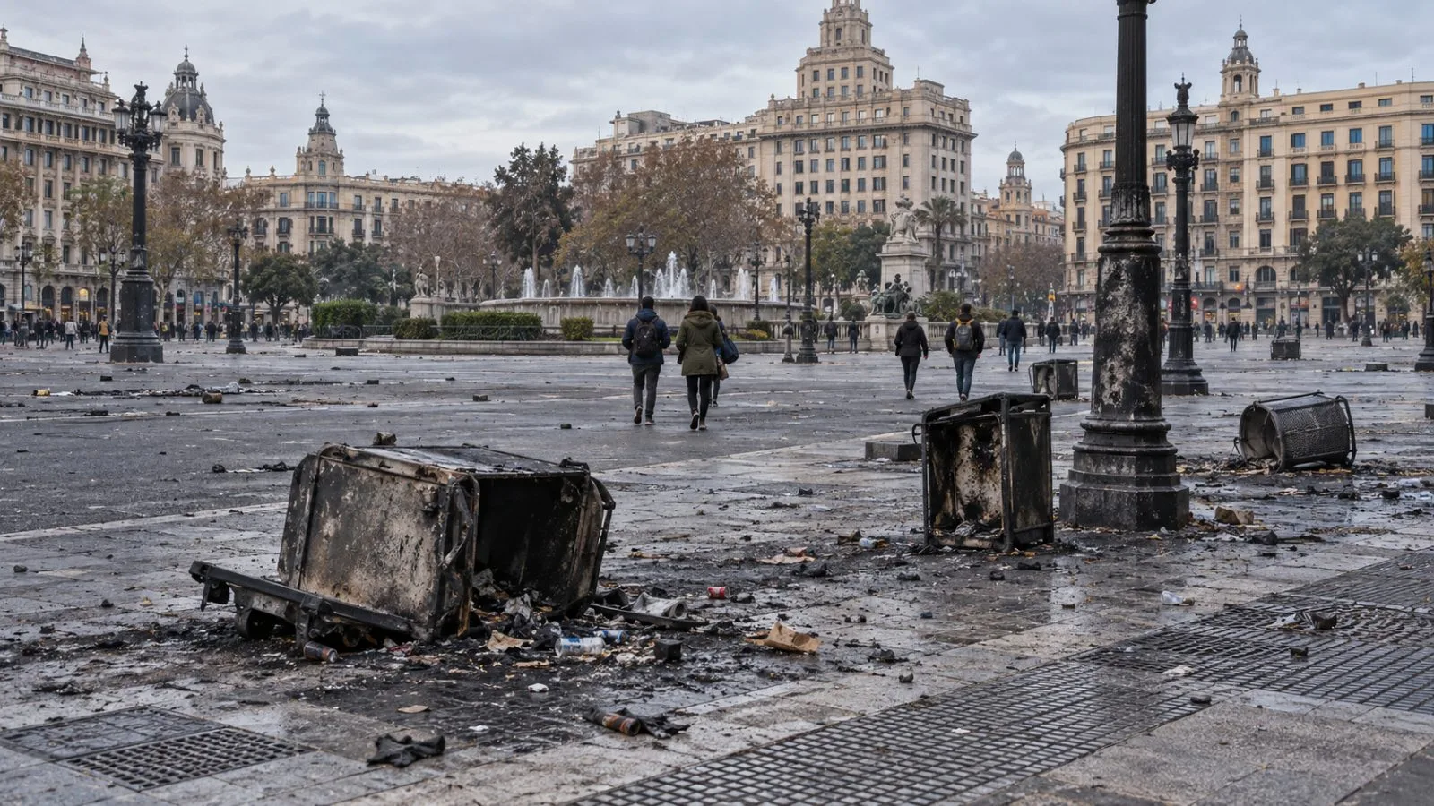 Scorched street fixtures and debris line a road near Plaça de Catalunya in Barcelona. (AI-generated image / EconoTimes)