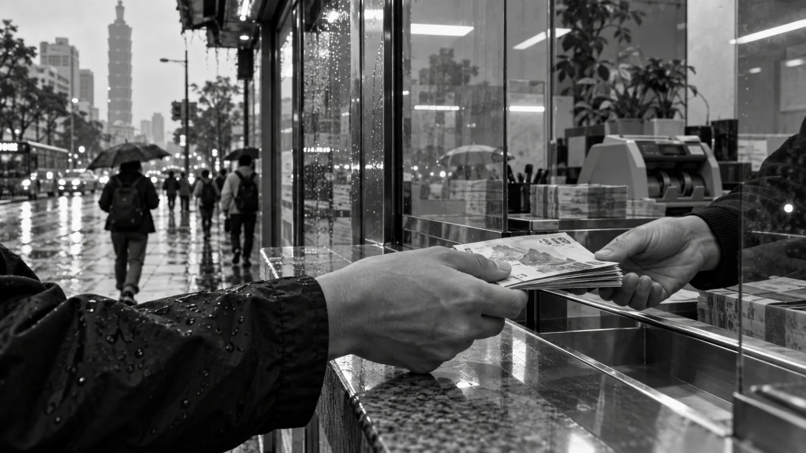 A customer exchanges Taiwan dollar notes at a street-level counter in Taipei. (AI-generated image / EconoTimes)