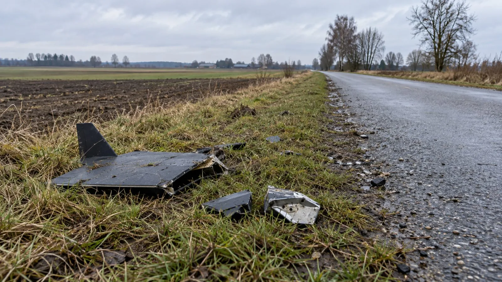 Drone fragments lie beside a rural road near Juodžioniai, Lithuania (AI-generated image / EconoTimes)
