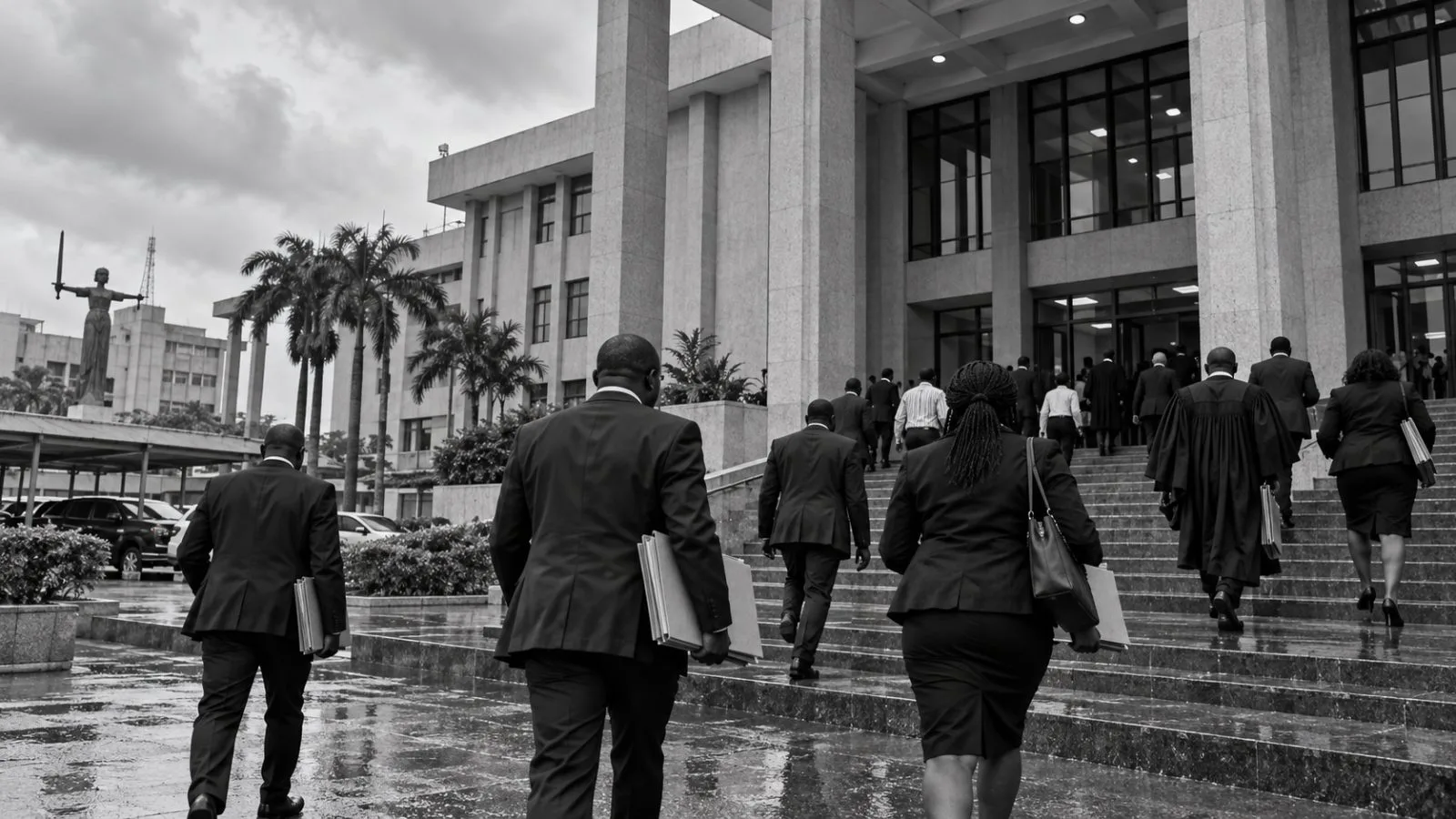 Lawyers carrying plain folders approach the Special Offences Court in Ikeja, Lagos, Nigeria. / EconoTimes.ai