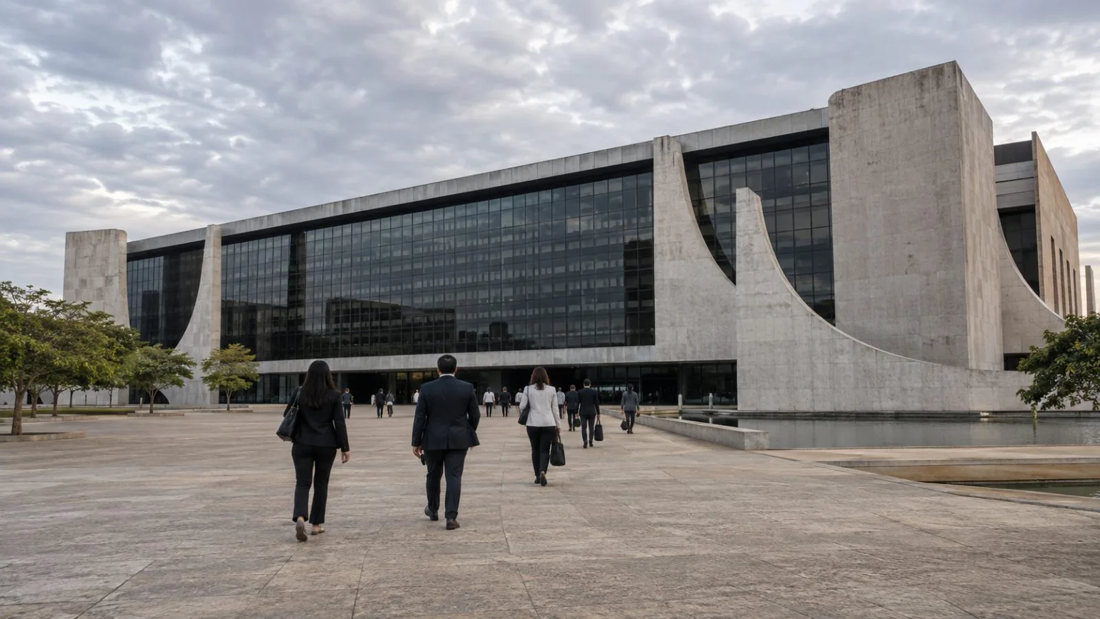 People walk toward Brazil's Superior Electoral Court in Brasília under an overcast sky. (AI-generated image / EconoTimes)