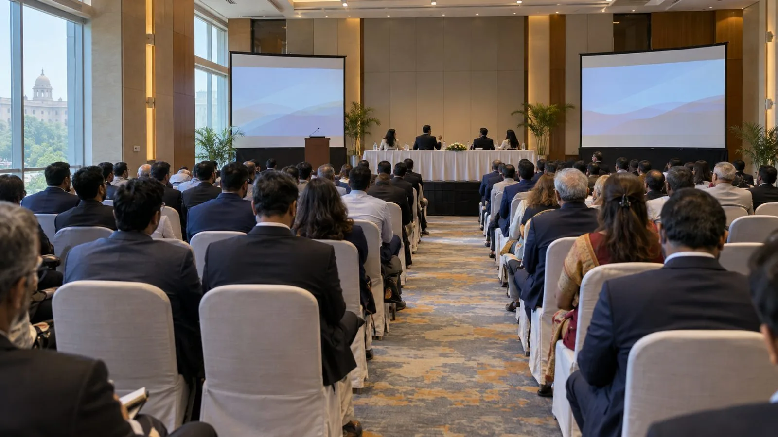 Attendees listen to a panel discussion at the NDTV World Summit in New Delhi (AI-generated image / EconoTimes)