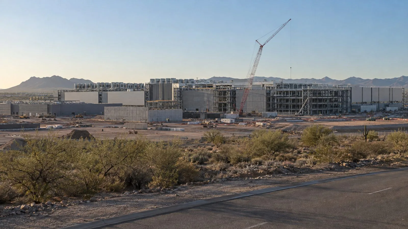 A construction crane stands beside expanding semiconductor fab buildings in north Phoenix, Arizona. / EconoTimes.ai
