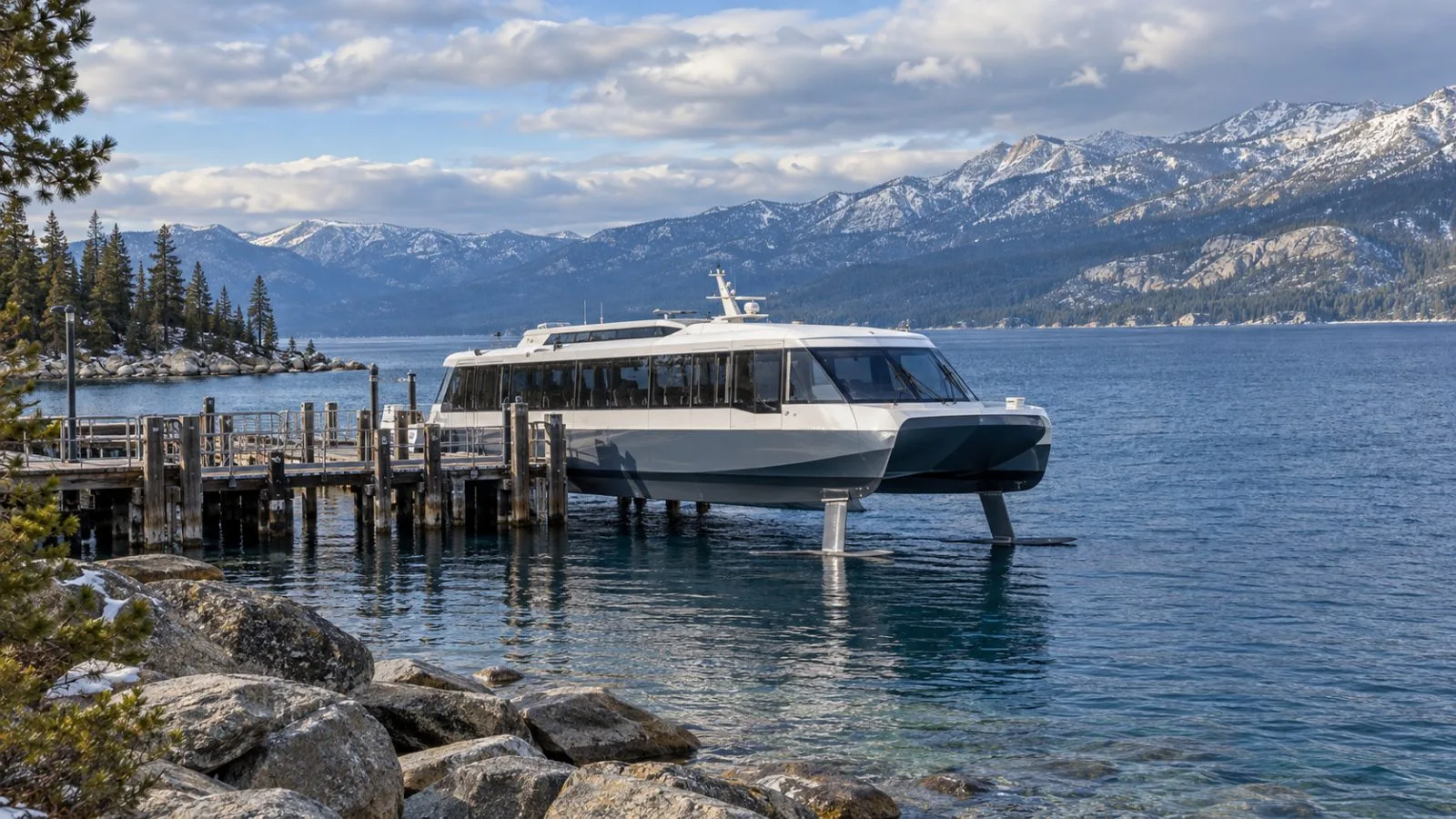 A battery-electric hydrofoil ferry sits at a dock on Lake Tahoe, California (AI-generated image / EconoTimes)