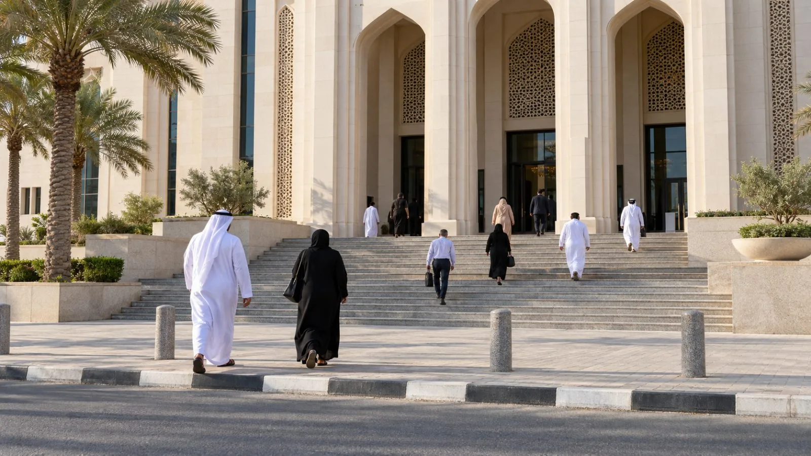 Visitors walk up the steps of the courthouse in Sharjah, United Arab Emirates, in afternoon sunlight. (AI-generated image / EconoTimes)