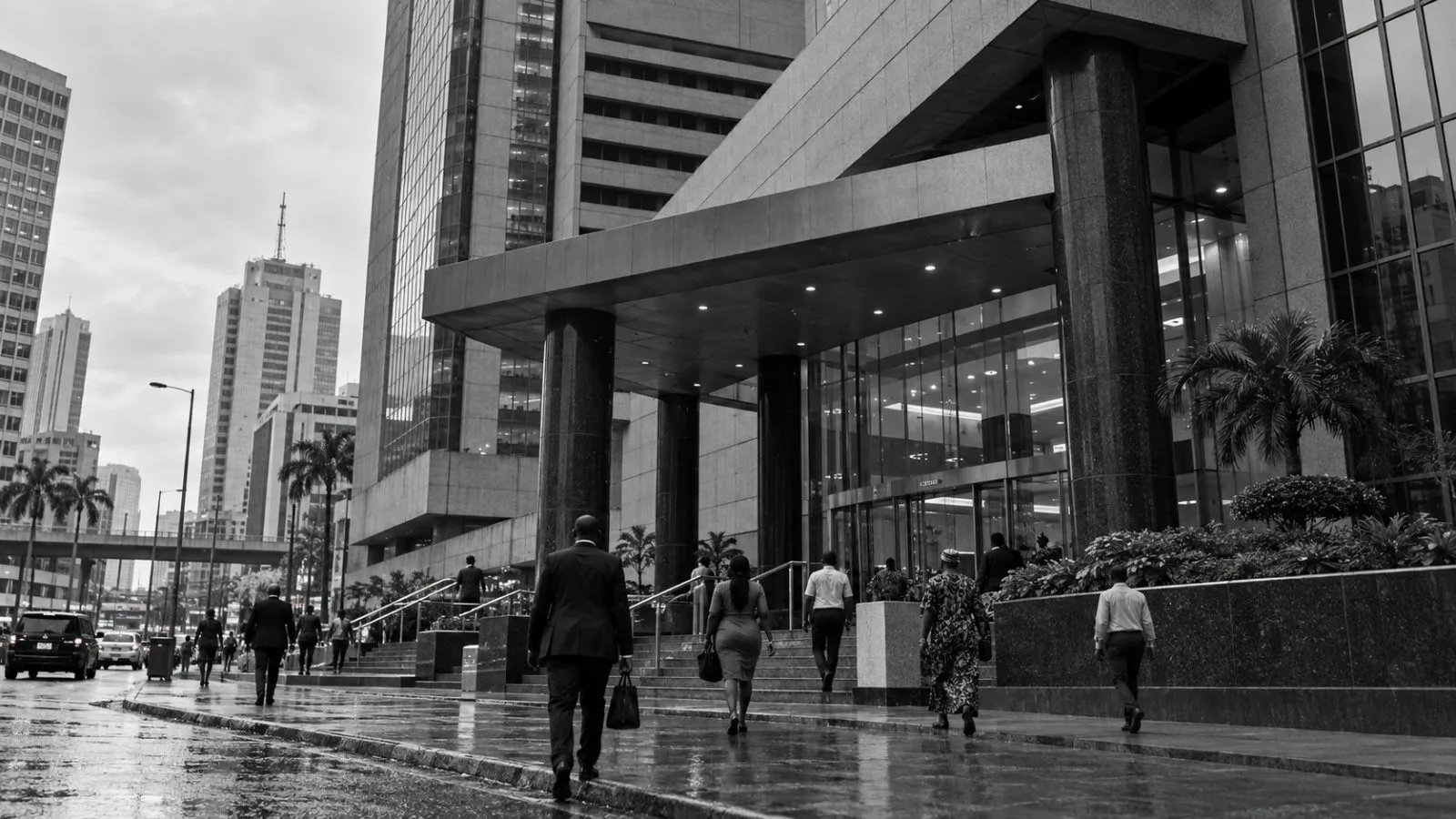 Pedestrians pass the Nigerian Exchange building in Lagos on an overcast morning. (AI-generated image / EconoTimes)