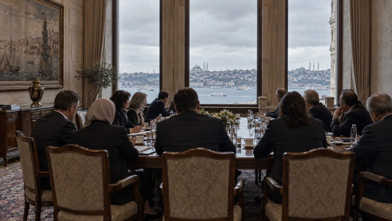 Diplomats gather around a conference table during foreign ministers’ talks in Istanbul, Türkiye (AI-generated image / EconoTimes)