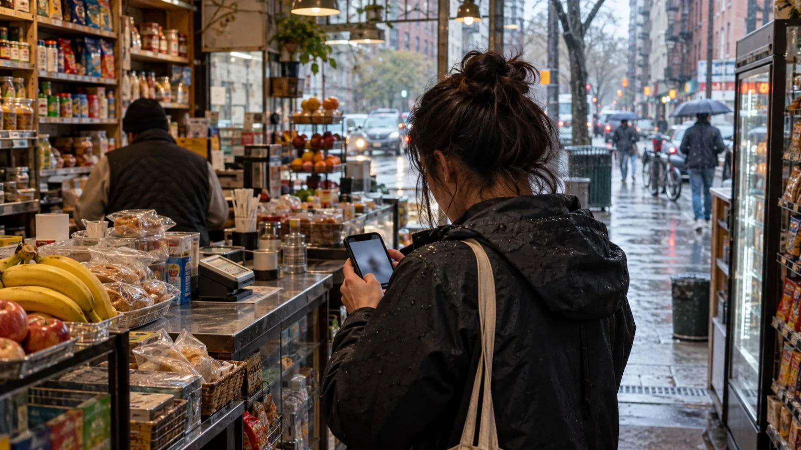 A shopper reviews a mobile checkout while browsing a store in Manhattan, New York. (AI-generated image / EconoTimes)
