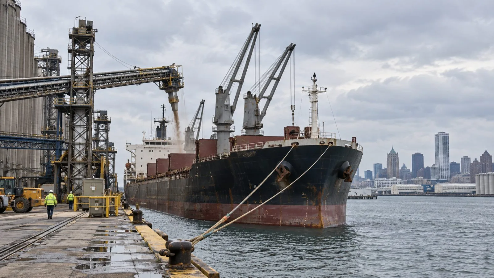 A cargo vessel sits beside freight-handling equipment at Port Milwaukee in Milwaukee, Wisconsin (AI-generated image / EconoTimes)