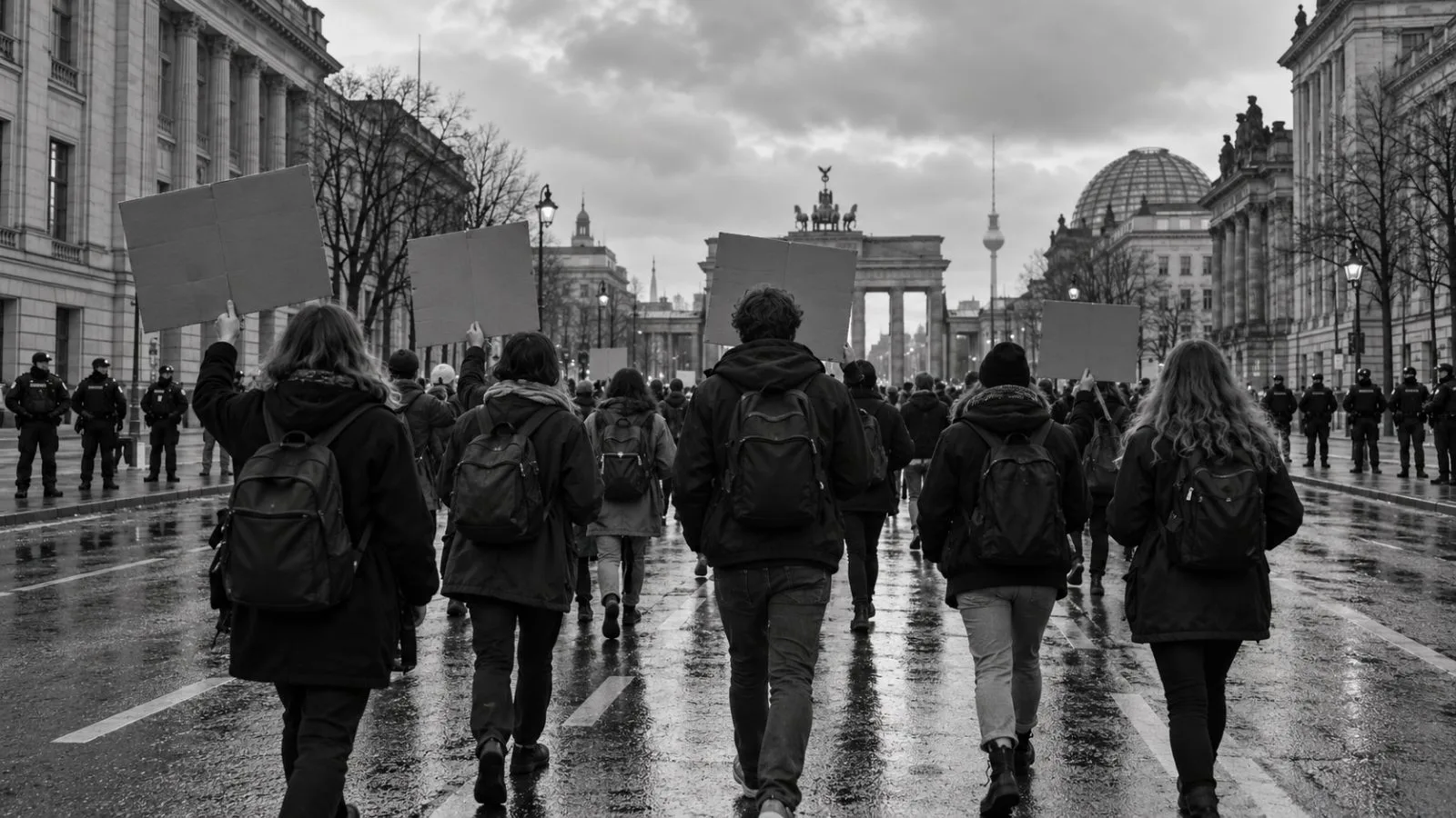 Young demonstrators gather with blank placards on a central Berlin street ahead of planned rallies. (AI-generated image / EconoTimes)