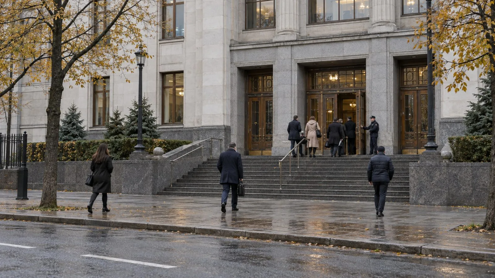 Visitors pass the entrance to Moscow City Court in Moscow on an overcast autumn afternoon. (AI-generated image / EconoTimes)