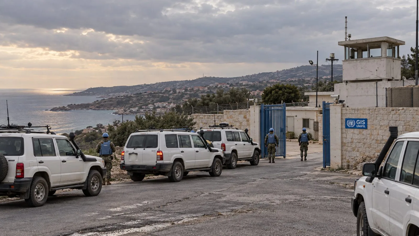 White peacekeeping vehicles stand outside a compound in Naqoura, southern Lebanon. / EconoTimes.ai