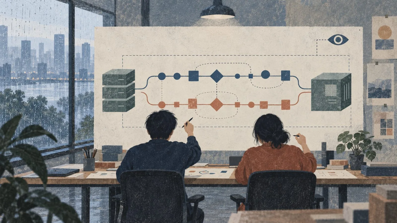 Developers sketch a layered software workflow on a wall board in a Hangzhou engineering workspace. (AI-generated image / EconoTimes)