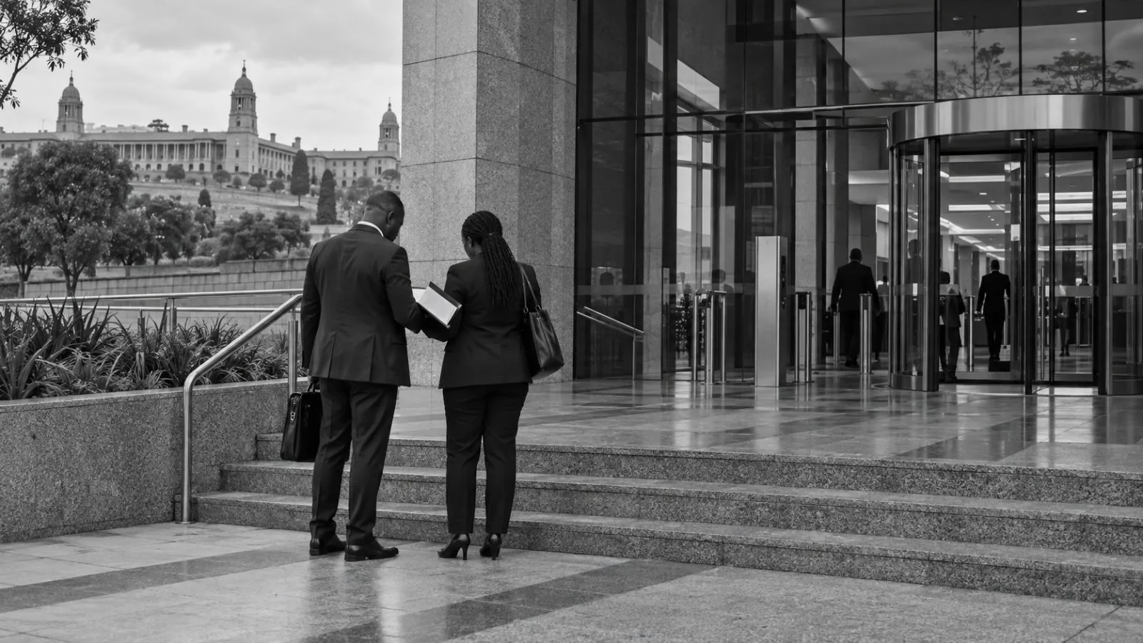 Anonymous inspectors enter an office building in Pretoria, South Africa. (AI-generated image / EconoTimes)