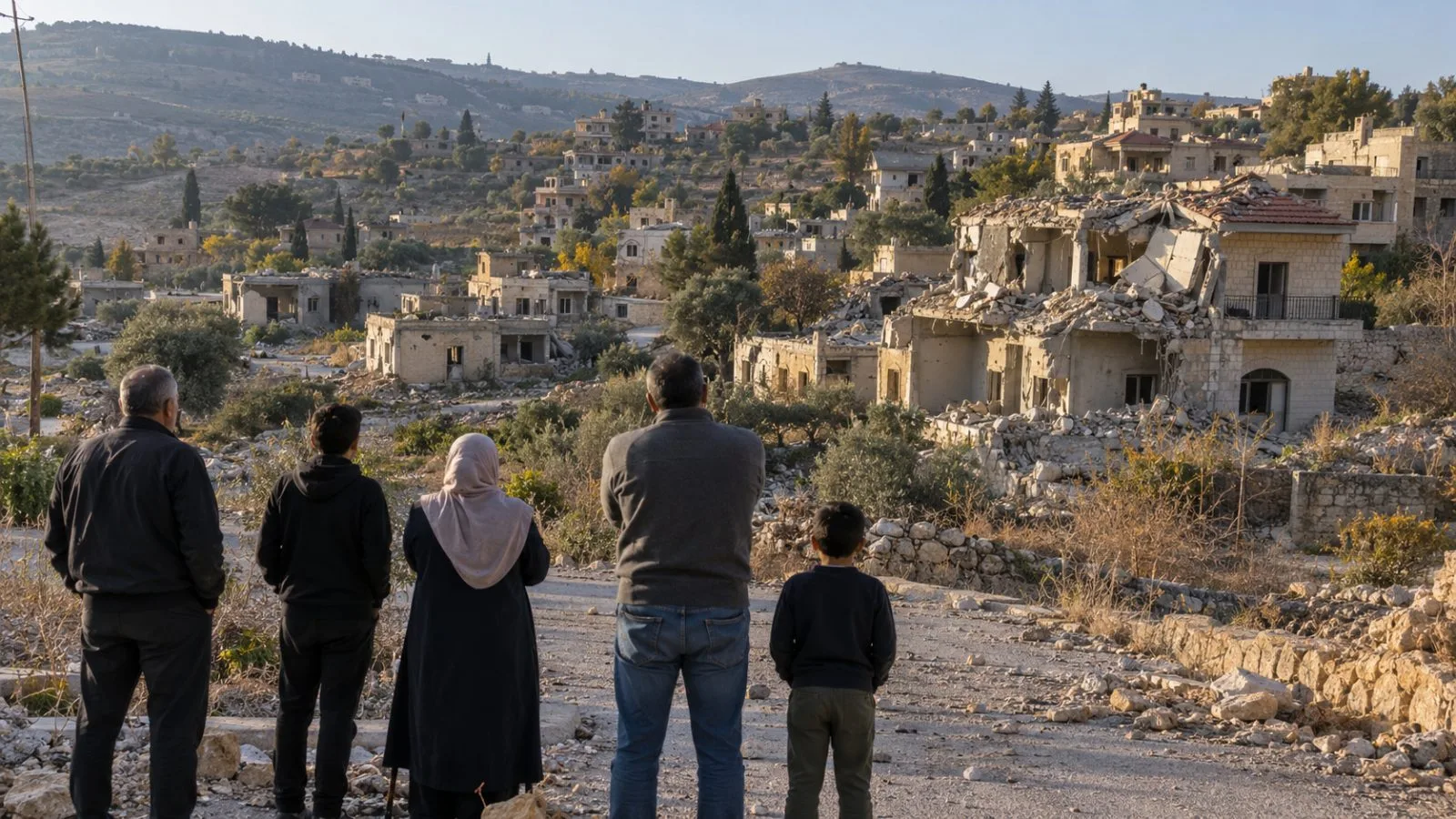Displaced residents look toward damaged homes in Mansouri, southern Lebanon. (AI-generated image / EconoTimes)
