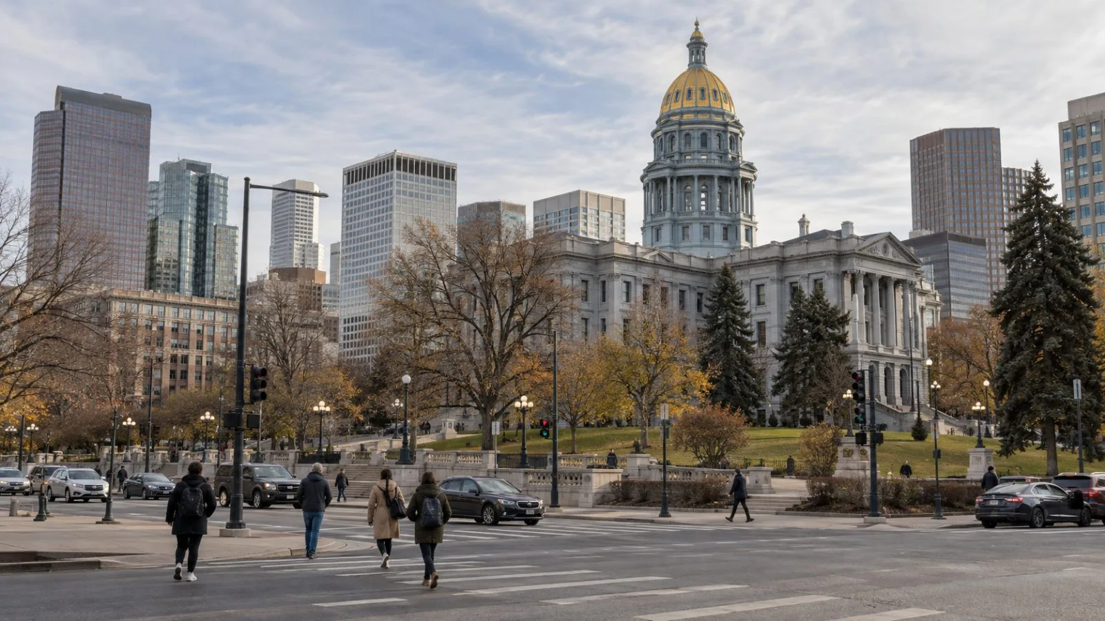 Pedestrians cross a downtown street in Denver, Colorado, on a cloudy autumn morning. / EconoTimes.ai