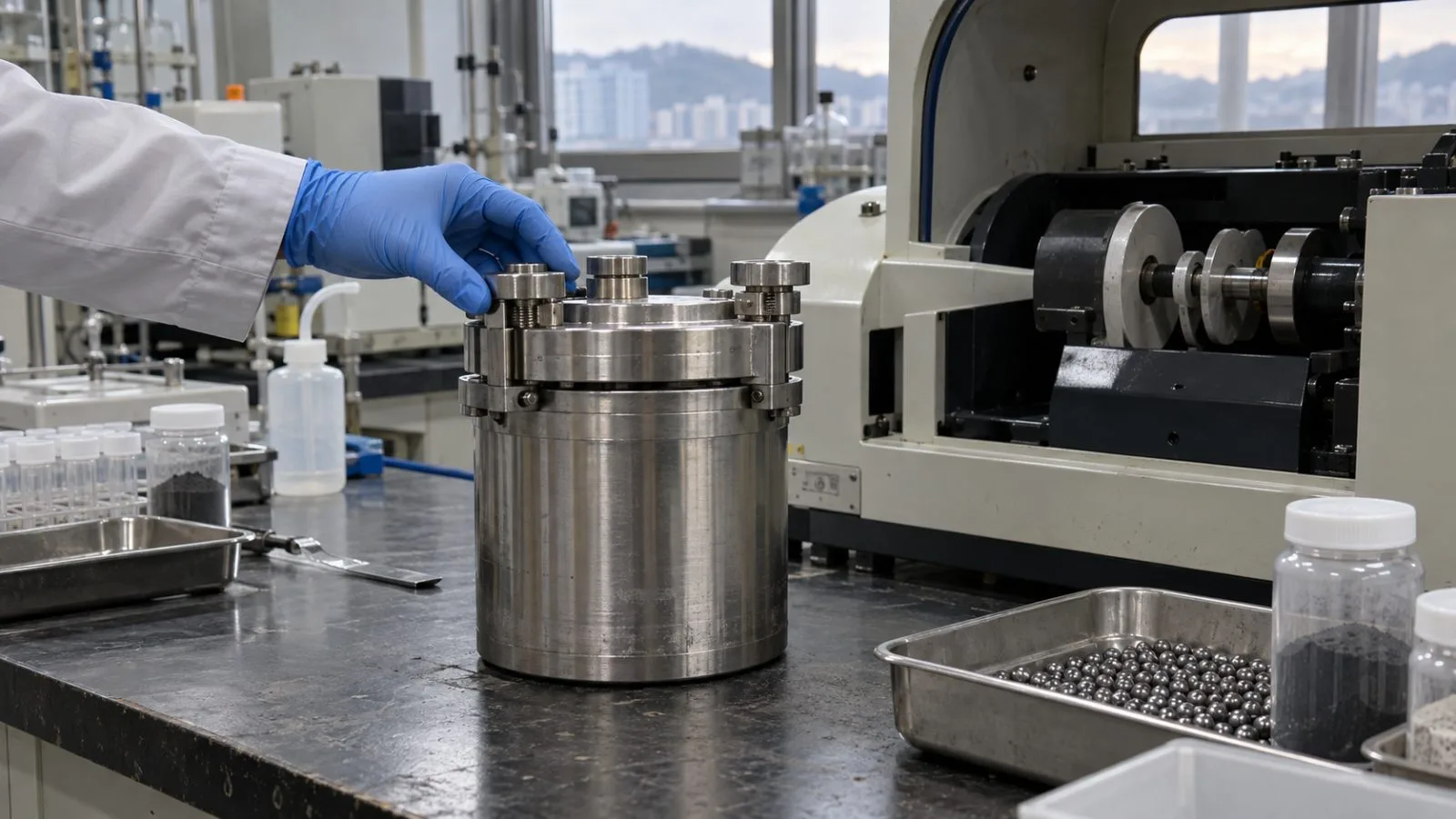 A sealed milling jar sits beside battery materials equipment in a university laboratory in Daejeon, South Korea (AI-generated image / EconoTimes)