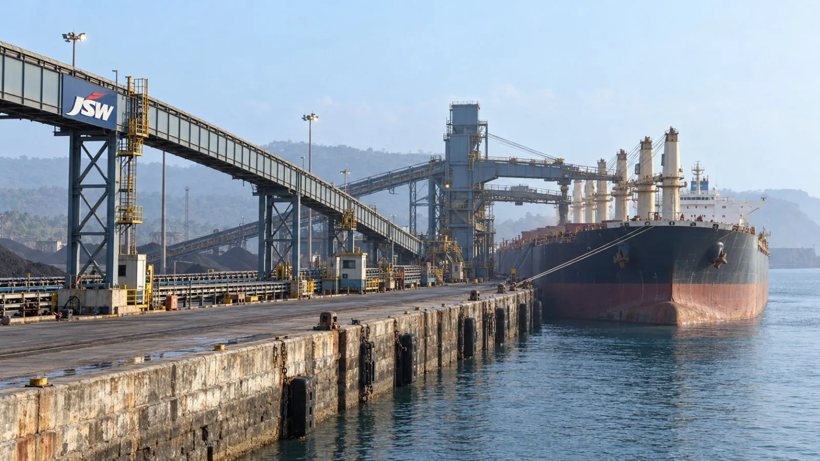 A bulk carrier sits beside dockside conveyors at Jaigarh Port on Maharashtra’s Konkan coast, India. / EconoTimes.ai