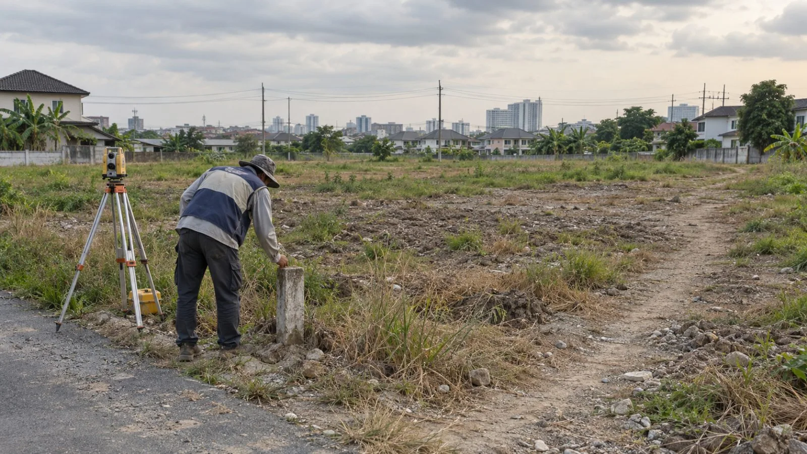 A survey worker checks a land boundary on the outskirts of Bangkok, Thailand (AI-generated image / EconoTimes)
