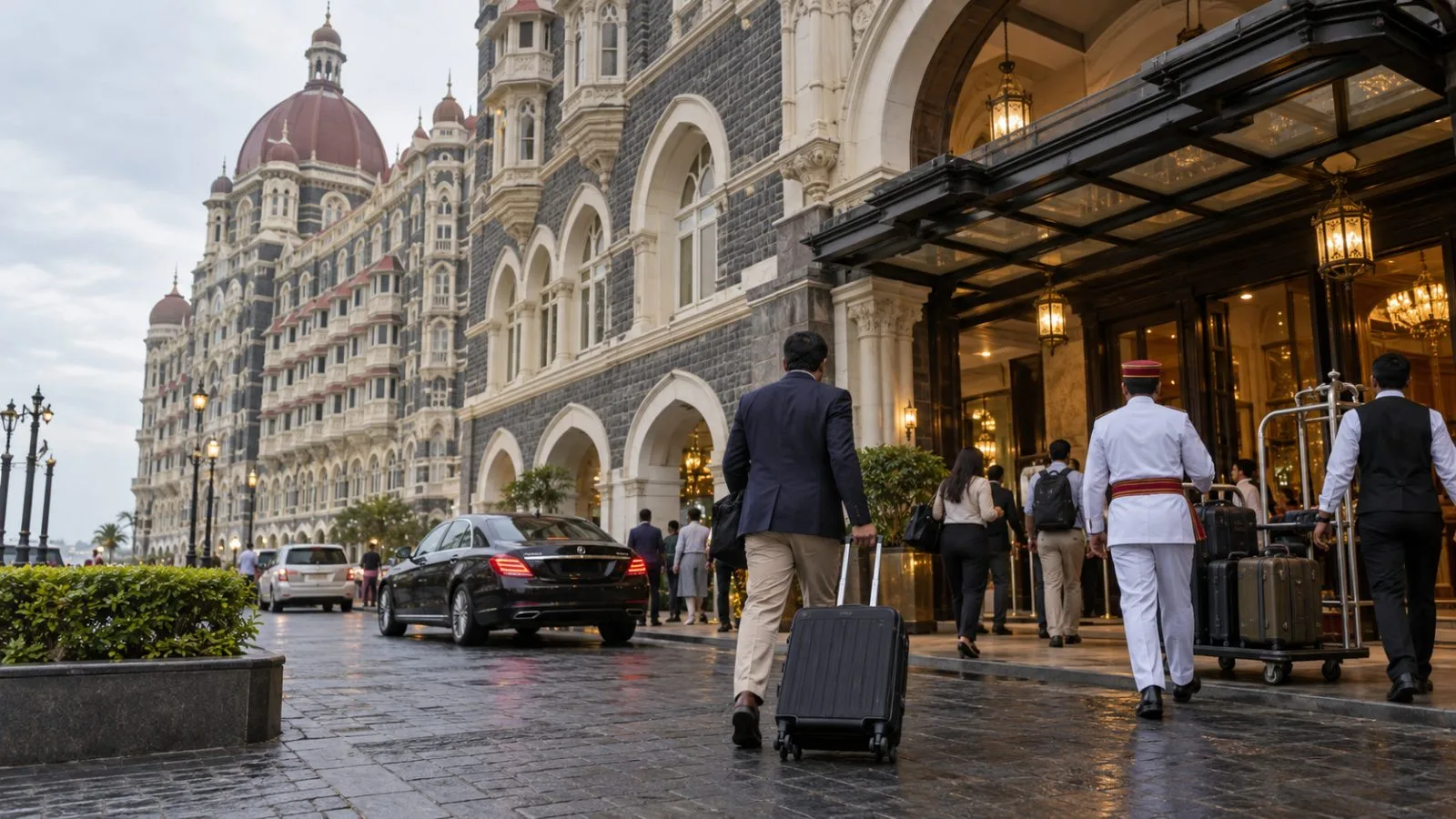 Guests with luggage arrive at the Taj Mahal Palace in Mumbai, India. (AI-generated image / EconoTimes)