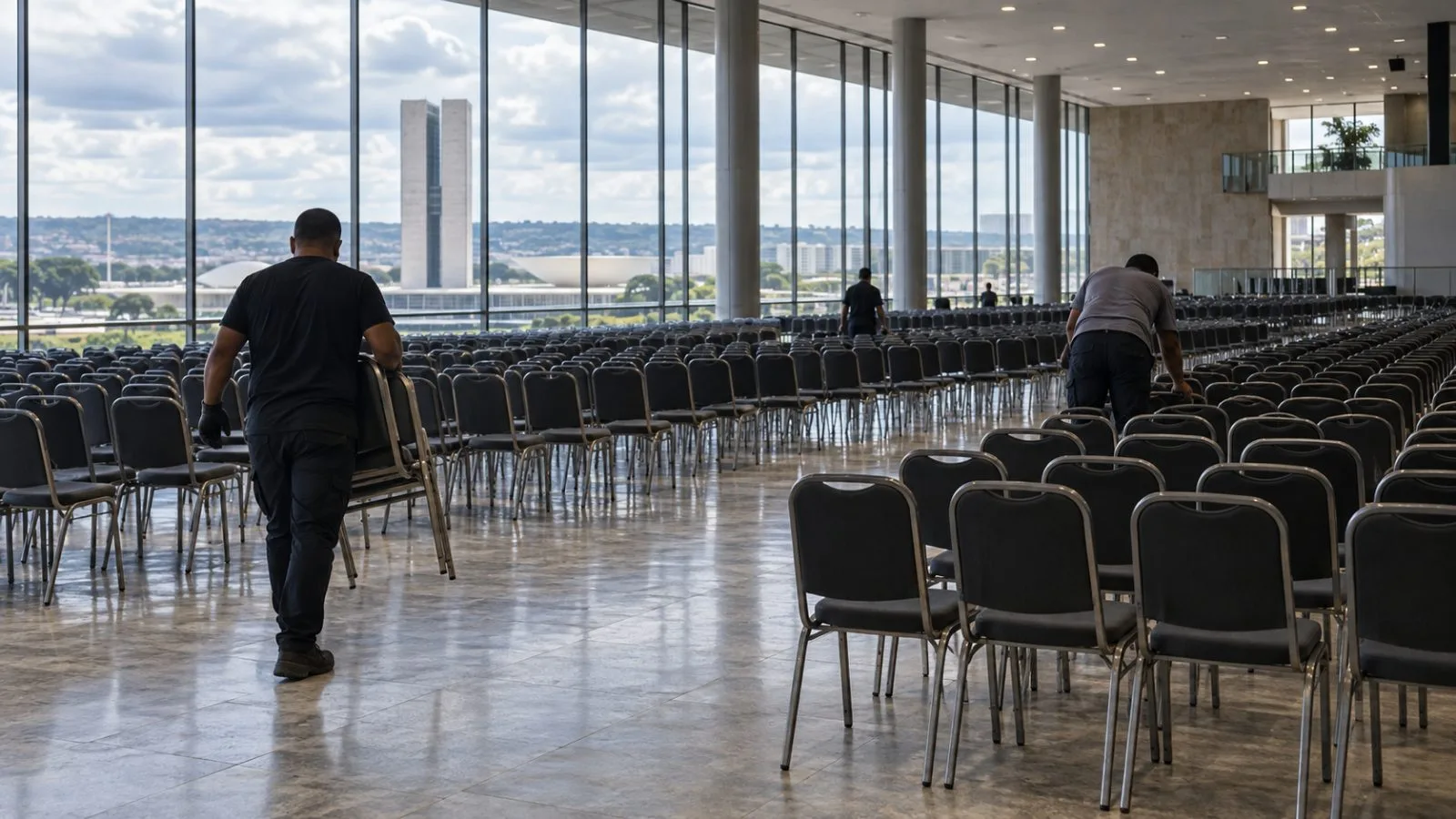 Workers arrange rows of chairs inside a convention hall in Brasília, Brazil. (AI-generated image / EconoTimes)