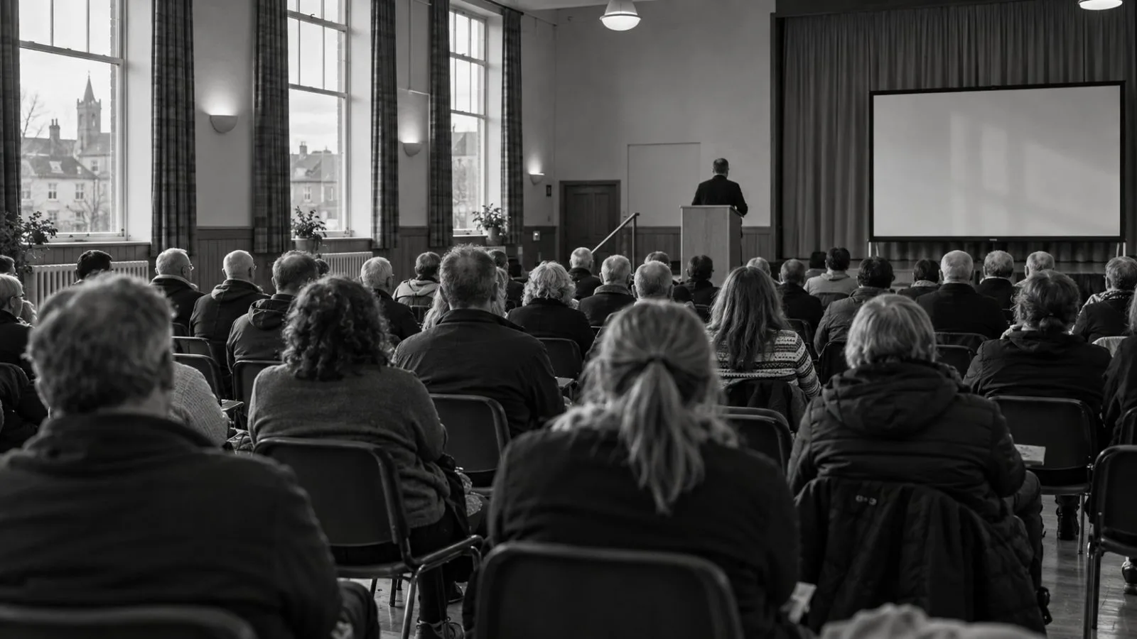 Attendees listen during a public policy speech in a community hall in Motherwell, Scotland. (AI-generated image / EconoTimes)