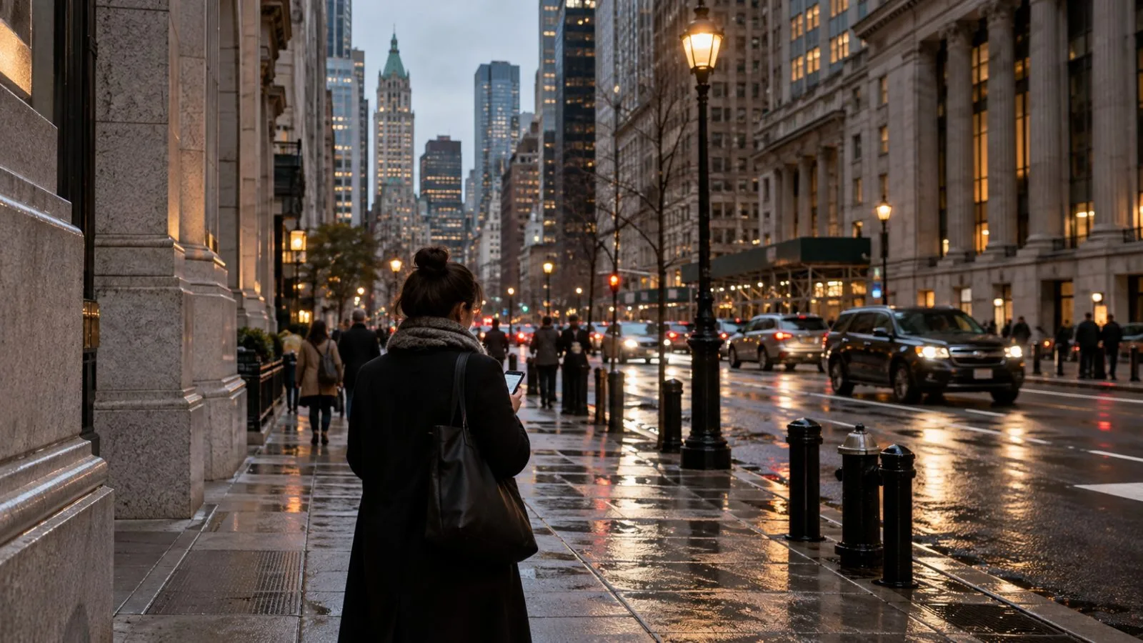 A commuter checks a smartphone on a wet sidewalk in Lower Manhattan, New York City. (AI-generated image / EconoTimes)