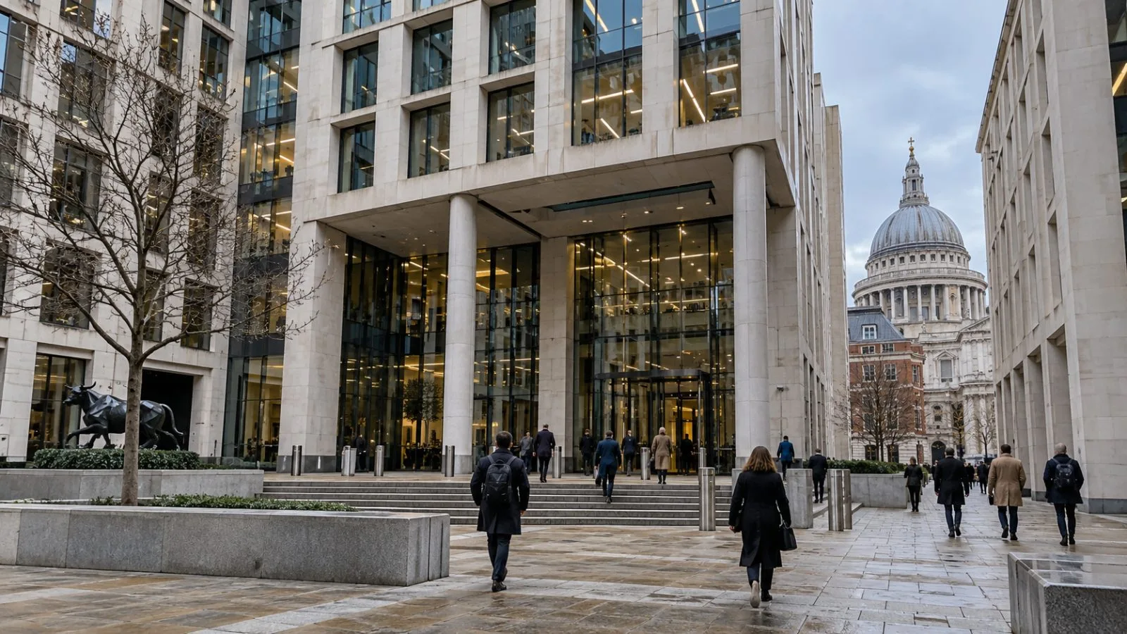 Pedestrians pass the London Stock Exchange in central London. (AI-generated image / EconoTimes)