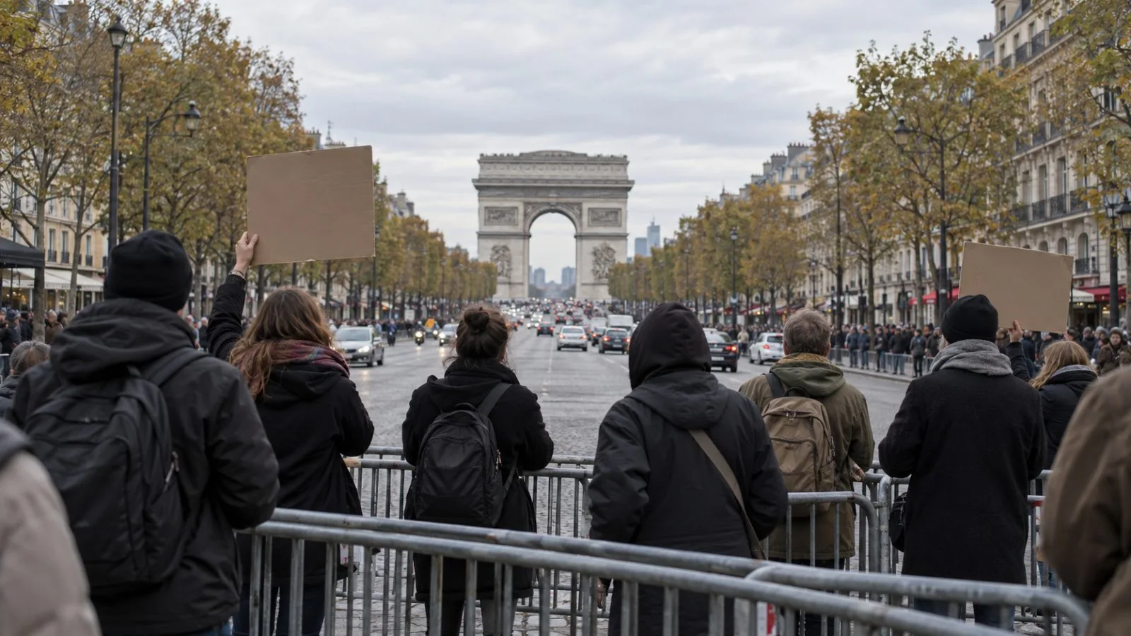 Police officers stand behind barriers as protesters gather near the Champs-Elysees in Paris (AI-generated image / EconoTimes)