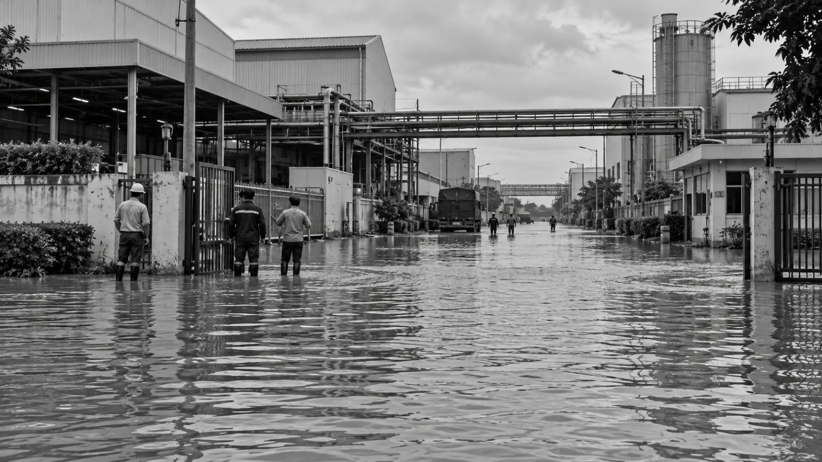 Floodwater surrounds a factory access road at an industrial estate in Chon Buri, Thailand (AI-generated image / EconoTimes)