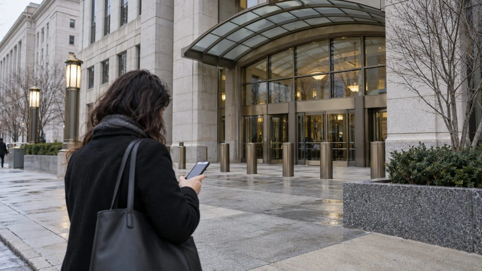 A passerby checks a cellphone outside FCC headquarters in Washington, D.C. (AI-generated image / EconoTimes)