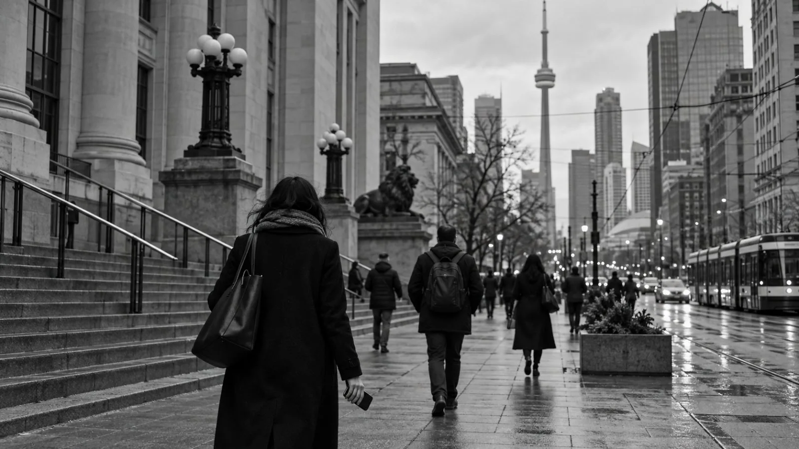 Pedestrians pass a public-service building on a quiet downtown street in Toronto, Canada. (AI-generated image / EconoTimes)