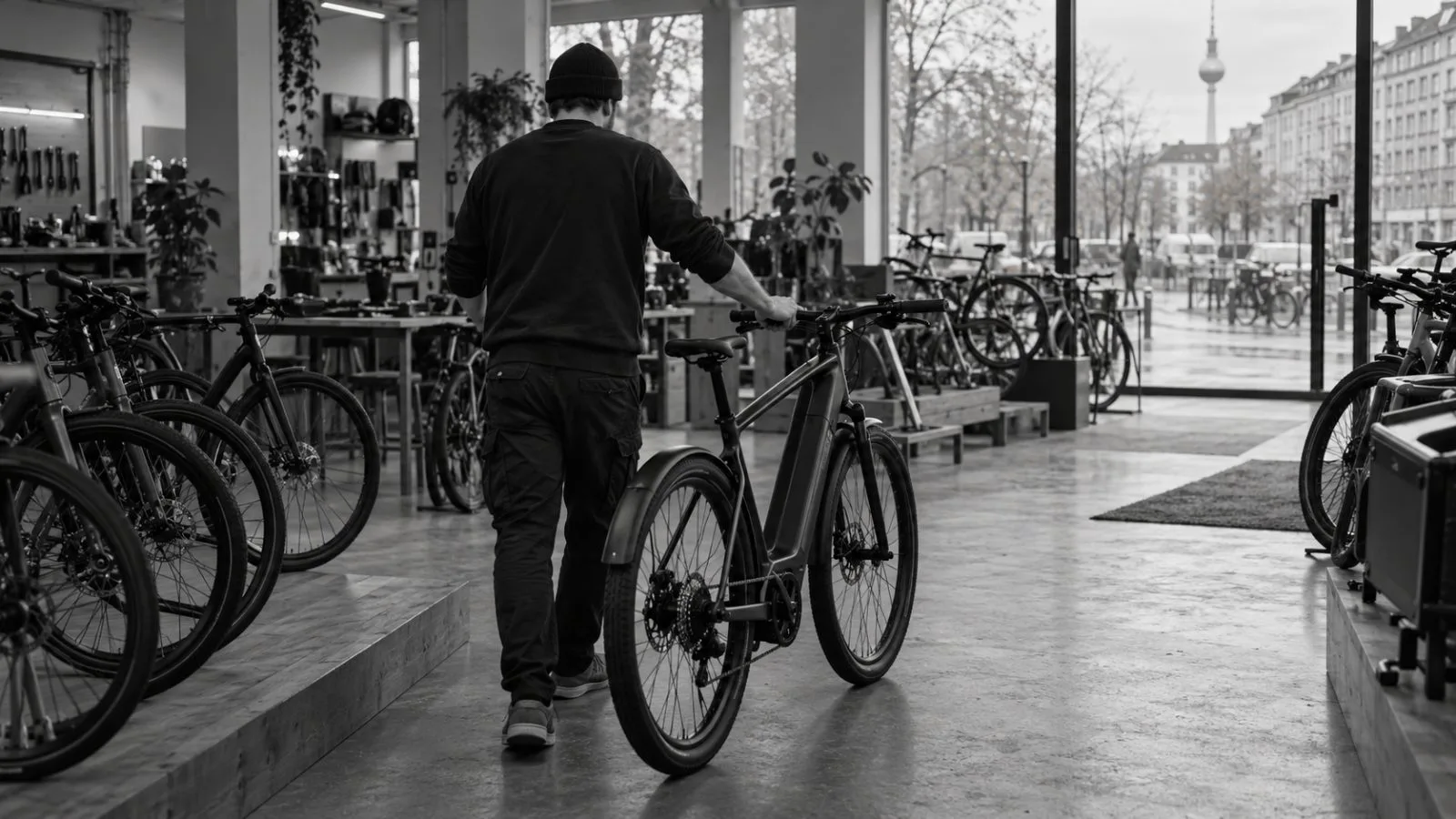 A carbon-frame electric bicycle stands in a Berlin showroom on Monday morning. (AI-generated image / EconoTimes)