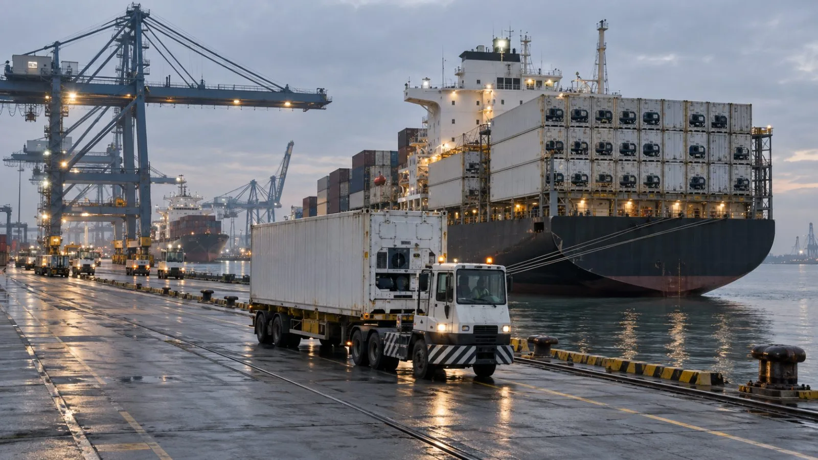 Container ships wait beside stacked export freight at Jawaharlal Nehru Port near Mumbai. / EconoTimes.ai