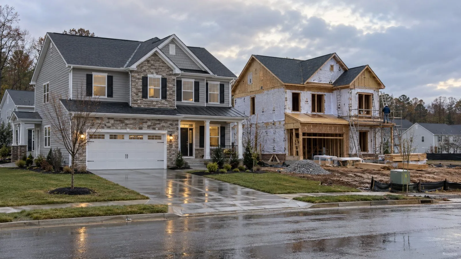 A completed house stands beside a home under construction in Suitland, Maryland. (AI-generated image / EconoTimes)
