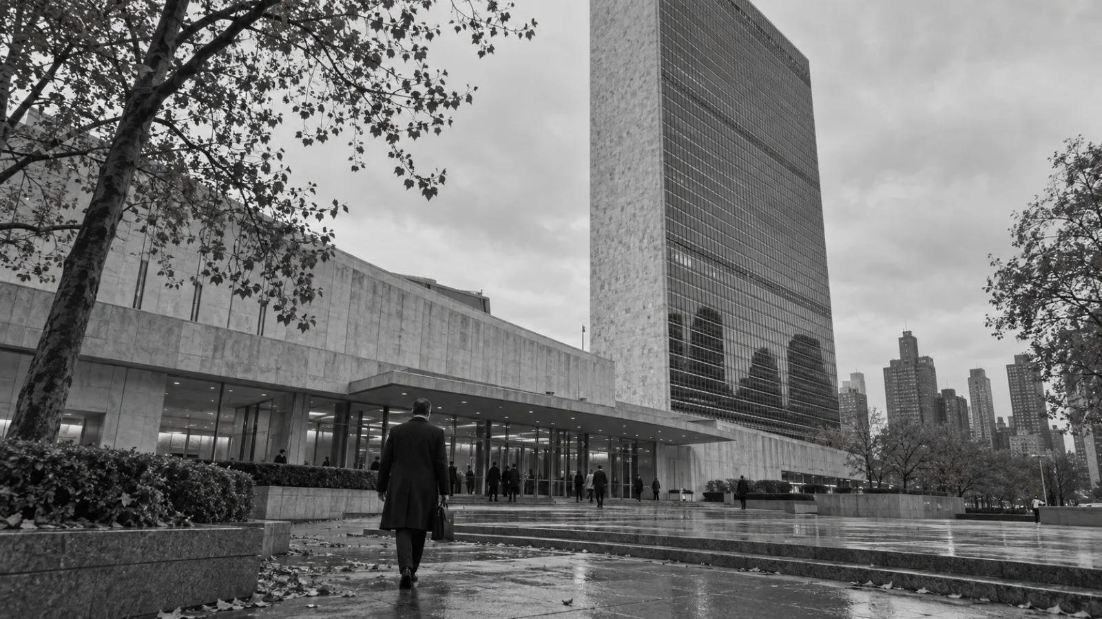 A diplomat enters United Nations Headquarters in New York City on an overcast afternoon. (AI-generated image / EconoTimes)