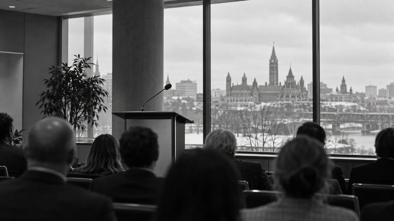 A microphone stands at a lectern before seated attendees in Ottawa, Canada. (AI-generated image / EconoTimes)