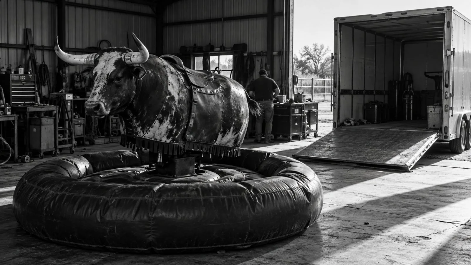 A mechanical bull stands beside a freight trailer at a workshop in Texas’ Rio Grande Valley. (AI-generated image / EconoTimes)