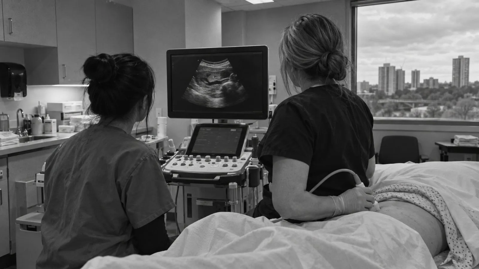 A sonographer guides an abdominal ultrasound scan in a clinical training room in London, Ontario. (AI-generated image / EconoTimes)
