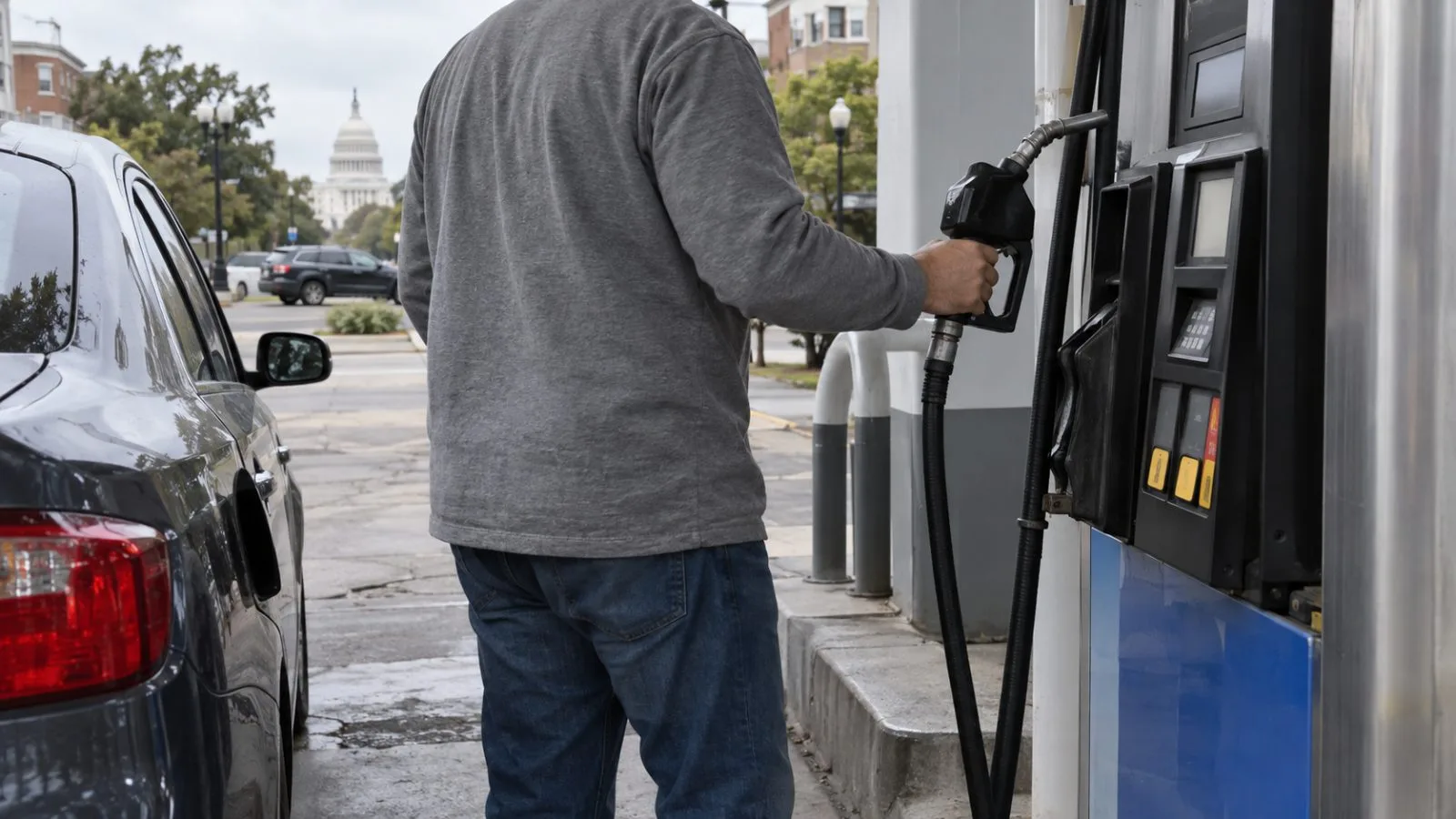 A motorist fills a car at a gasoline station in Washington, D.C. (AI-generated image / EconoTimes)