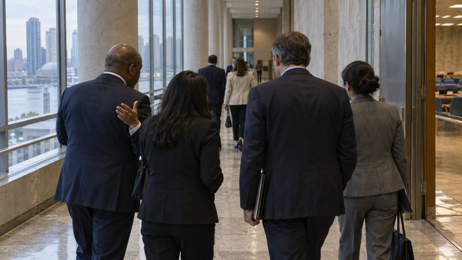 Delegates gather outside a meeting room at United Nations headquarters in New York City. (AI-generated image / EconoTimes)